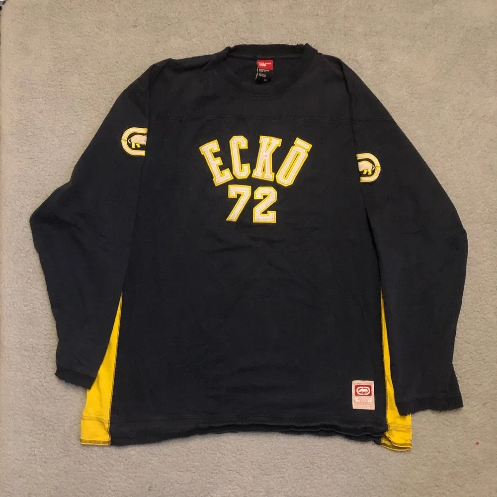 Vtg Y2k Ecko Unltd Long Sleeve Jersey Shirt Navy Yellow XXL‎ Baggy Streetwear